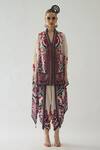 Rajdeep Ranawat_Red Silk Print Floral Garden V Chloe Fleur Front Open Cape With Belt  _Online_at_Aza_Fashions
