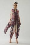 Buy_Rajdeep Ranawat_Red Silk Print Floral Garden V Chloe Fleur Front Open Cape With Belt  _Online_at_Aza_Fashions