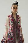Shop_Rajdeep Ranawat_Red Silk Print Floral Garden V Chloe Fleur Front Open Cape With Belt  _Online_at_Aza_Fashions