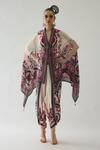 Rajdeep Ranawat_Red Silk Print Floral Garden V Chloe Fleur Front Open Cape With Belt  _at_Aza_Fashions