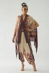 Buy_Rajdeep Ranawat_Red Silk Print Floral Garden V Chloe Gul Front Open Cape With Belt  _at_Aza_Fashions