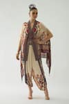 Rajdeep Ranawat_Red Silk Print Floral Garden V Chloe Bahar Front Open Cape With Belt  _at_Aza_Fashions