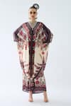 Buy_Rajdeep Ranawat_Maroon Silk V-neck Dalilah Floral Print Kaftan Tunic _at_Aza_Fashions