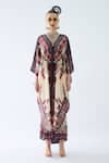 Rajdeep Ranawat_Maroon Silk V-neck Dalilah Floral Print Kaftan Tunic _Online_at_Aza_Fashions