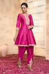 Shop_Preeti S Kapoor x AZA_Fuchsia Anarkali And Salwar Dupion Embroidered Gota Round Short Set _at_Aza_Fashions