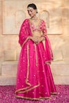 Shop_Preeti S Kapoor x AZA_Fuchsia Blouse And Lehenga Dupion Embroidered Gota V Neck Floral Sequin Set _at_Aza_Fashions