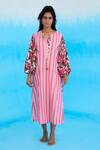 Buy_Nikasha_Pink 100% Cotton Printed Rose Notched A-line Striped Dress _at_Aza_Fashions