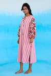 Shop_Nikasha_Pink 100% Cotton Printed Rose Notched A-line Striped Dress _at_Aza_Fashions