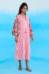 Nikasha_Pink 100% Cotton Printed Rose Notched A-line Striped Dress _Online_at_Aza_Fashions