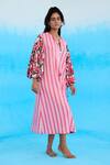 Nikasha_Pink 100% Cotton Printed Rose Notched A-line Striped Dress _at_Aza_Fashions