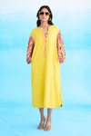 Buy_Nikasha_Yellow 100% Cotton Printed Rose Notched A-line Sleeve Dress_at_Aza_Fashions