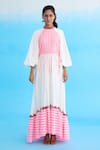 Buy_Nikasha_White Cotton Rayon Blend Printed Thread Tassels Band Candy Striped Maxi Dress _at_Aza_Fashions