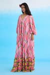 Nikasha_Pink 100% Cotton Printed Ribbon V Neck Madras Checkered Maxi Dress _Online_at_Aza_Fashions