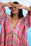 Shop_Nikasha_Pink 100% Cotton Printed Ribbon V Neck Madras Checkered Maxi Dress _Online_at_Aza_Fashions