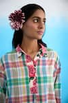 Nikasha_Blue 100% Cotton Embroidered Ribbon Collar Madras Checkered A-line Dress _at_Aza_Fashions