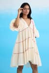 Shop_Nikasha_Cream 100% Cotton Hand Embroidered Beads V Neck Bubble Sleeves Tiered Dress _Online_at_Aza_Fashions