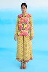 Buy_Nikasha_Yellow Modal Satin Hand Embroidered Rose Plunged Notched V Short Tunic _at_Aza_Fashions