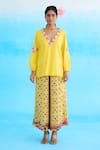 Buy_Nikasha_Yellow 100% Cotton Embroidered Ribbon Flowers Plunged V Tunic _at_Aza_Fashions