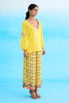 Nikasha_Yellow 100% Cotton Embroidered Ribbon Flowers Plunged V Tunic _Online_at_Aza_Fashions