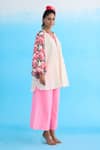 Nikasha_Cream 100% Cotton Printed Rose Band V Bubble Sleeve Raglan Shirt _Online_at_Aza_Fashions