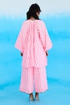 Shop_Nikasha_Pink 100% Cotton Linen Hand Embroidered Rose V Candy Striped Raglan Shirt _at_Aza_Fashions