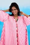 Buy_Nikasha_Pink 100% Cotton Linen Hand Embroidered Rose V Candy Striped Raglan Shirt _Online_at_Aza_Fashions