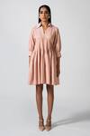 Buy_Pocketful Of Cherrie_Pink Linen Plain Collared Neck Roseate Reverie Dress _at_Aza_Fashions