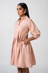 Pocketful Of Cherrie_Pink Linen Plain Collared Neck Roseate Reverie Dress _Online_at_Aza_Fashions
