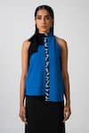 Pocketful Of Cherrie_Blue 100% Polyester Embroidered Bead High Sapphire Twist Halter Top  _Online_at_Aza_Fashions