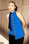 Shop_Pocketful Of Cherrie_Blue 100% Polyester Embroidered Bead High Sapphire Twist Halter Top  _Online_at_Aza_Fashions