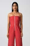 Shop_Pocketful Of Cherrie_Red 100% Cotton Solid Straight Adventure Ready Strapless Jumpsuit  _at_Aza_Fashions