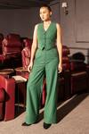 Pocketful Of Cherrie_Green 80% Polyester Solid V Neck Sculpted Hem Waistcoat _Online_at_Aza_Fashions