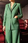 Shop_Pocketful Of Cherrie_Green 80% Polyester Plain Lapel Collar Royal Crest Embroidered Blazer  _at_Aza_Fashions