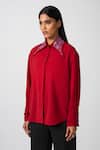 Pocketful Of Cherrie_Red 100% Polyester Plain Pointed Collar Scarlet Embroidered Shirt _Online_at_Aza_Fashions