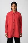 Buy_Pocketful Of Cherrie_Red 100% Cotton Embroidered Thread Signature Long Oversized Jacket _at_Aza_Fashions