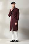 Buy_Soniya G_Wine Duplin Embroidery Zardozi Placement Sherwani Set _at_Aza_Fashions