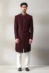 Soniya G_Wine Duplin Embroidery Zardozi Placement Sherwani Set _at_Aza_Fashions