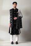 Soniya G_Grey Velvet Embroidery Thread Sherwani Set _at_Aza_Fashions