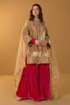 Buy_TULPALAV_Gold Kurta And Gharara Silk Velvet Embroidered Kashmiri Tilla Notched Round Set_at_Aza_Fashions