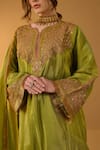 TULPALAV_Green Tissue Embroidered Kashmiri Tilla Leaf Short Pheran Kurta Palazzo Set_at_Aza_Fashions