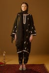 Shop_TULPALAV_Black Kurta And Salwar Linen Paisley Hand Embroidered Pheran Set  _at_Aza_Fashions