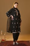 TULPALAV_Black Kurta And Salwar Linen Paisley Hand Embroidered Pheran Set  _Online_at_Aza_Fashions