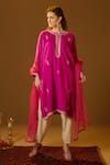 Shop_TULPALAV_Pink Kurta And Salwar Linen Handwork Paisley Hand Embroidered Pheran Set_Online_at_Aza_Fashions