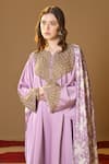 TULPALAV_Purple Kaftan Double Twill Satin Handwork Dabka Notched Pearl Embroidered Set_at_Aza_Fashions