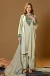 Buy_TULPALAV_Green Kaftan Double Twill Satin Handwork Embroidered Asymmetric Palazzo Set_at_Aza_Fashions