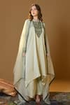 TULPALAV_Green Kaftan Double Twill Satin Handwork Embroidered Asymmetric Palazzo Set_Online_at_Aza_Fashions