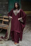 Buy_TULPALAV_Maroon Kaftan And Palazzo Hammered Crepe Handwork Ghungroo Embroidered Set_at_Aza_Fashions