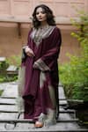 Shop_TULPALAV_Maroon Kaftan And Palazzo Hammered Crepe Handwork Embroidered Set  _at_Aza_Fashions