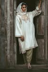 Shop_TULPALAV_White Kurta Pure Pashmina Handwork Tilla Hand Work Pheran Salwar Set  _at_Aza_Fashions