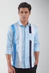 HeSpoke_Blue 100% Pure Cotton Stranded Color Blocked Shirt  _Online_at_Aza_Fashions